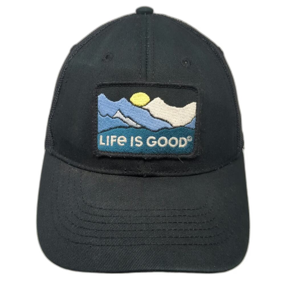 Life is Good Trucker Hat Black One Size Mesh Back Snapback Mountain Landscape